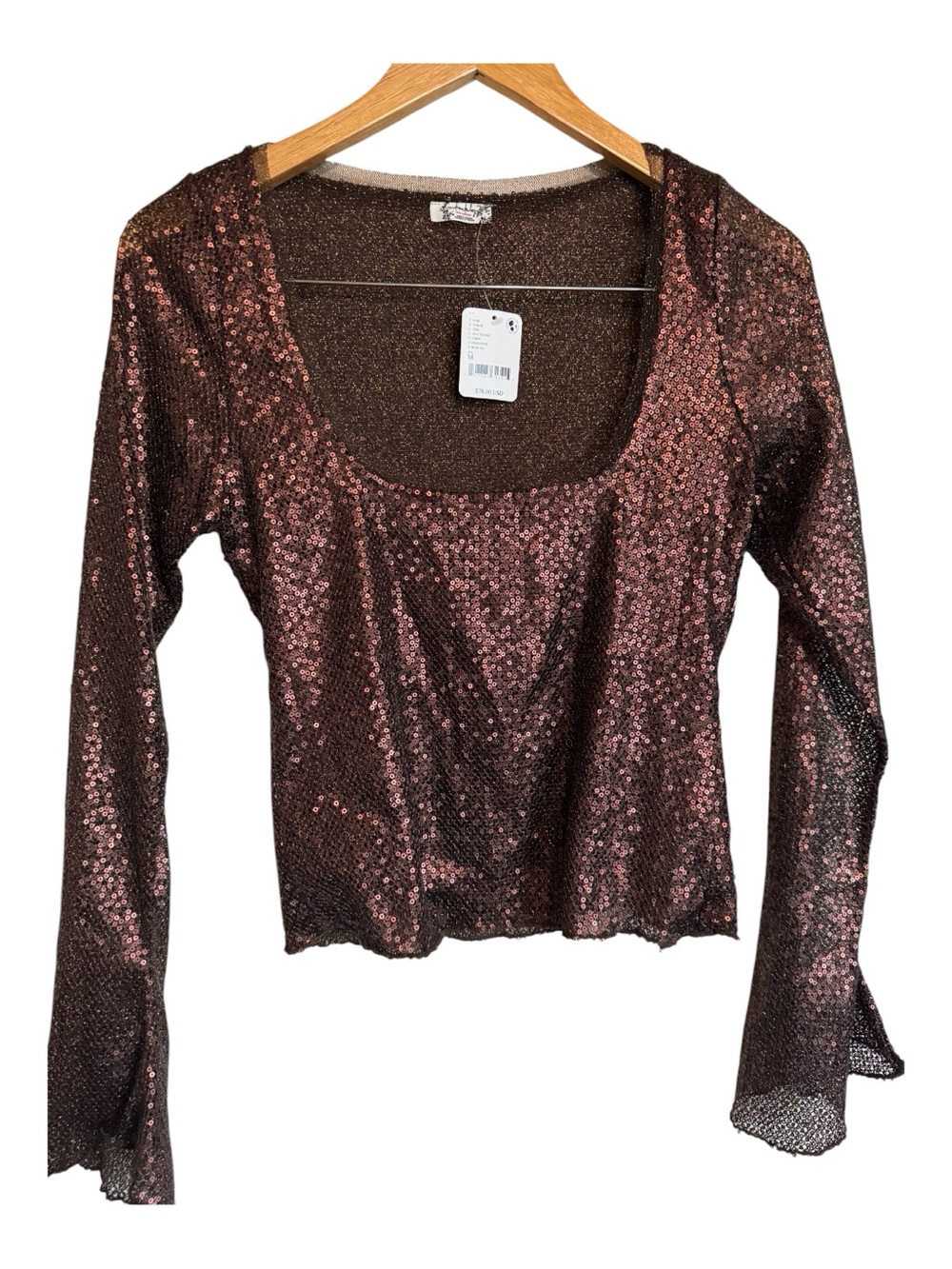 FREE PEOPLE Late Night Rose-Brown Sequin Scoop Long Sleeve Top - M Hot Fudge